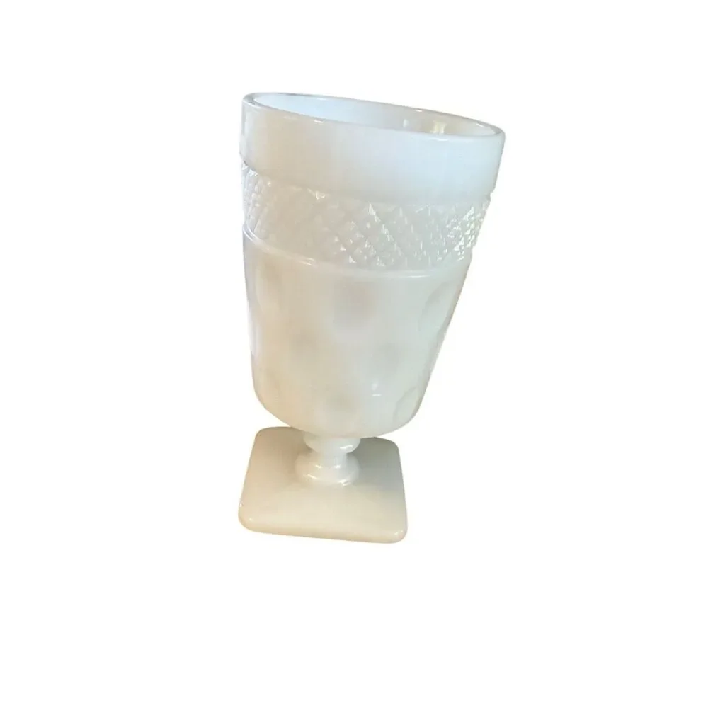 Vintage McKee Opal Milk Glass Goblet, Thumbprint & Crosshatch Design 1957 Mid-Ce